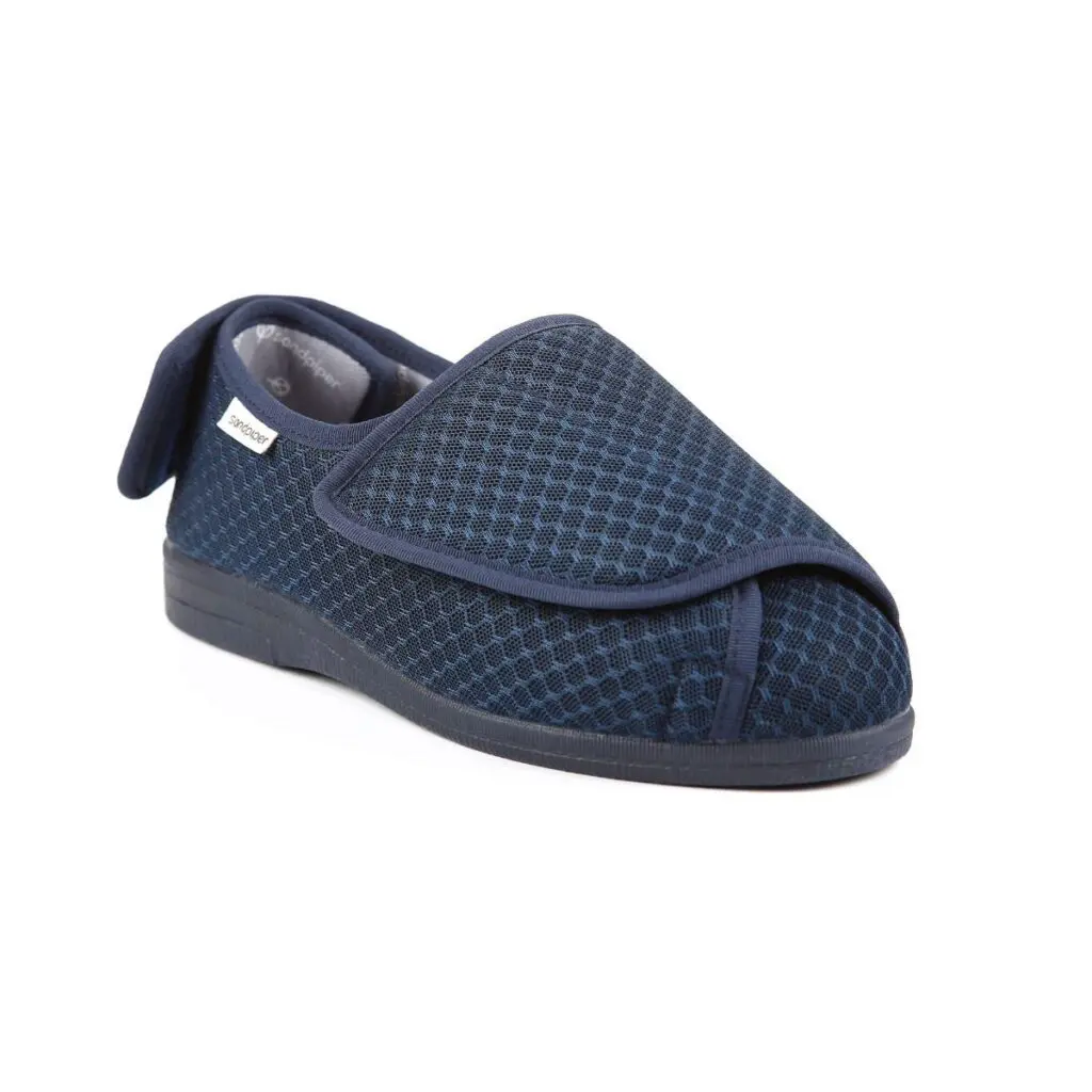 A single navy blue orthopaedic slipper with a textured mesh surface and an adjustable hook-and-loop fastening on a white background.