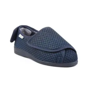 A single navy blue orthopaedic slipper with a textured mesh surface and an adjustable hook-and-loop fastening on a white background.