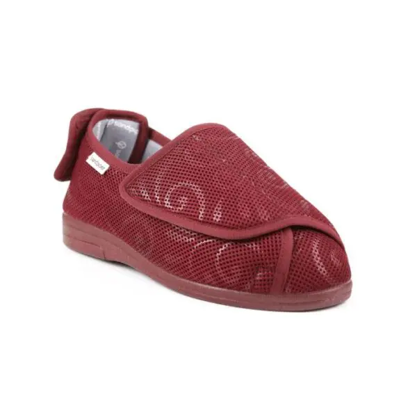 Maroon orthopaedic slipper with a mesh upper, adjustable hook-and-loop strap, and a flat rubber sole, designed for comfort and support.