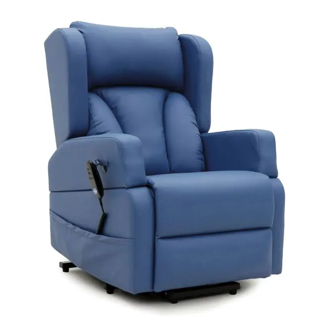 The Barrowfield Rise and Recline Chair is a blue upholstered recliner with padded armrests, a high backrest, and a side remote control for easy position adjustments.
