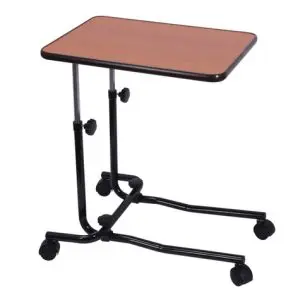 The Canterbury Darkwood Multi Table features a rectangular wooden top, black metal legs, and four castor wheels for easy adjustment and mobility.