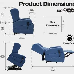 Barrowfield Rise and Recline Chair shown in blue with multiple positions; detailed measurements for seat width, seat depth, and a maximum user weight of 160 kg are clearly labelled.