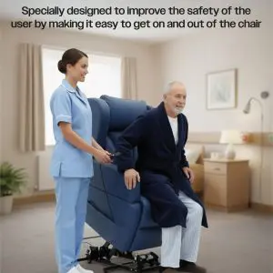 A nurse assists an elderly man as he stands up from a Barrowfield Rise and Recline Chair at home, demonstrating lift assistance for mobility support.