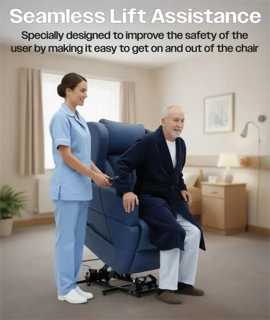 A nurse assists an elderly man as he stands up from a Barrowfield Rise and Recline Chair at home, demonstrating lift assistance for mobility support.