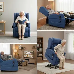Four images show elderly people using the Barrowfield Rise and Recline Chair in various positions: sitting, reclining, watching telly, and using the rise function to stand up.
