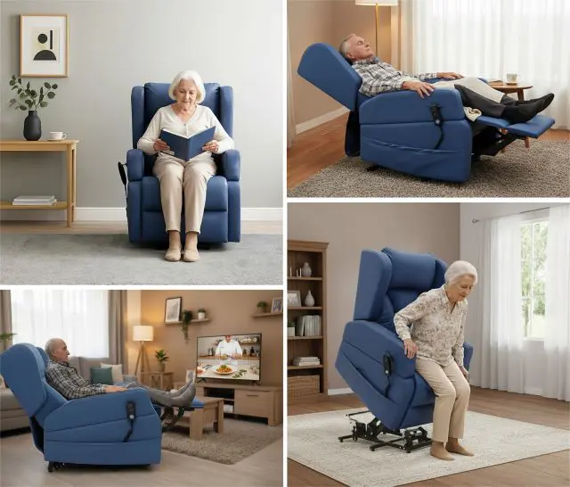 Four images show elderly people using the Barrowfield Rise and Recline Chair in various positions: sitting, reclining, watching telly, and using the rise function to stand up.