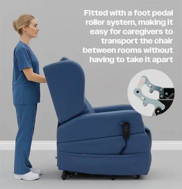 A carer in scrubs stands behind the Barrowfield Rise and Recline Chair, featuring a blue design and a foot pedal castor system for easy mobility between rooms.