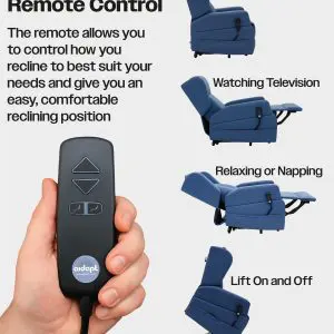 A hand holds the remote for the Barrowfield Rise and Recline Chair, with illustrated positions for reading, watching telly, relaxing, napping, and lift assist, plus explanatory text.