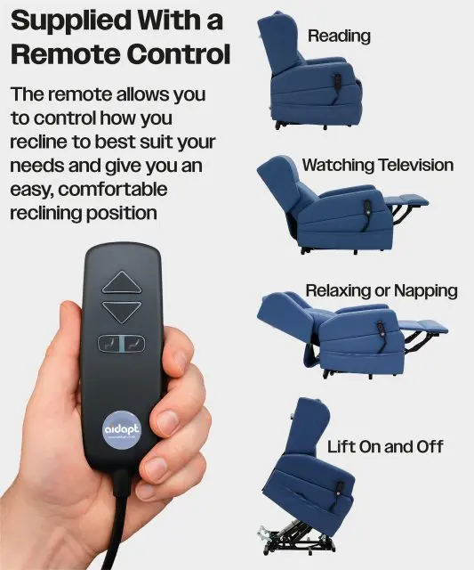 A hand holds the remote for the Barrowfield Rise and Recline Chair, with illustrated positions for reading, watching telly, relaxing, napping, and lift assist, plus explanatory text.
