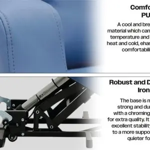 Close-up of the Barrowfield Rise and Recline Chair, featuring a cushioned seat with PU fabric and a sturdy mechanical iron frame base, emphasising comfort and durability.