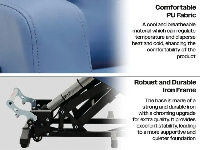 Close-up of the Barrowfield Rise and Recline Chair, featuring a cushioned seat with PU fabric and a sturdy mechanical iron frame base, emphasising comfort and durability.