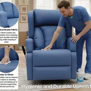 A man in medical scrubs wipes the Barrowfield Rise and Recline Chair with alcohol, highlighting its easy-to-clean, durable medical-grade upholstery.