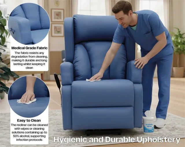 A man in medical scrubs wipes the Barrowfield Rise and Recline Chair with alcohol, highlighting its easy-to-clean, durable medical-grade upholstery.