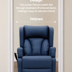 The Barrowfield Rise and Recline Chair, in blue with a 740mm width, is shown in a doorway to showcase its compact design for easy room-to-room movement. Design details are displayed above the chair.