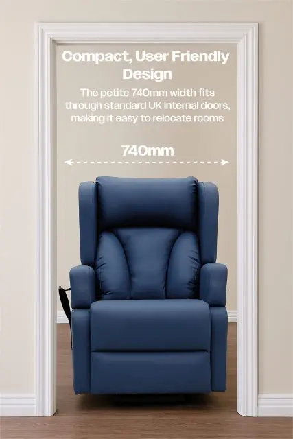 The Barrowfield Rise and Recline Chair, in blue with a 740mm width, is shown in a doorway to showcase its compact design for easy room-to-room movement. Design details are displayed above the chair.
