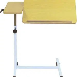 The Deluxe Multi-Purpose Overbed Wheeled Table features a large tilting wooden surface, a fixed side tray, and a sturdy metal frame with castors for easy mobility.