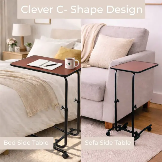 The Canterbury Darkwood Multi Table, with a C-shaped design and castors, is pictured beside a bed and sofa, illustrating its versatility as both a bedside and sofa side table.