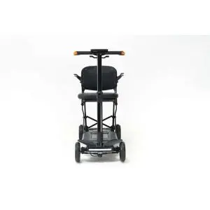 Front view of a compact, four-wheeled mobility scooter with a black seat and handlebars, shown against a white background.