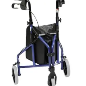A blue rollator with four wheels, hand brakes, padded seat, and a black storage bag attached below the seat.