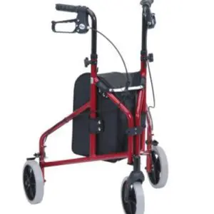 Ultra Lightweight Tri-Walker in red, featuring three wheels, a black storage bag, and hand brakes to assist with mobility.