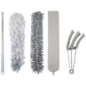 Five grey cleaning tools from the 5 piece Professional Duster Kit With Extendable Telescopic Pole are arranged vertically: a telescopic handle, two types of dusters, a flat microfibre cleaning pad, and a window blind cleaner with microfibre covers.