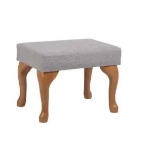 Rectangular stool with a grey cushioned seat and four curved wooden legs, shown against a plain white background.
