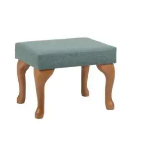 Rectangular ottoman with light wooden cabriole legs and a green upholstered cushion, set against a plain white background.