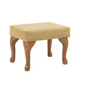 Rectangular beige upholstered footstool with four curved wooden legs, isolated on a white background.