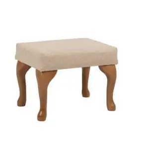 A small rectangular stool with a beige cushioned seat and four wooden curved legs, placed against a plain white background.