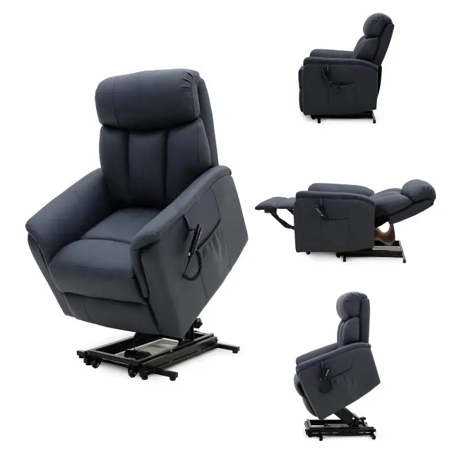 Four views of the Billingham Dual Motor Rise and Recline Chair in dark upholstery, shown in upright, reclined, and lifted positions, with a corded remote control attached at the side.
