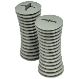 Two stacks of Universal Built-up Handles made from grey plastic, each featuring cross-shaped and slot-shaped cuts in the top.