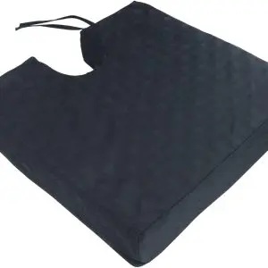 The Deluxe Pressure Relief Orthopaedic Coccyx Cushion is a black rectangular foam cushion with a coccyx cut-out, textured surface, and attached straps for secure wheelchair placement.