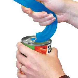 Two hands use the Ring Pull Can Opener, a blue plastic tool, to open the pull-ring of a metal tin against a white background.