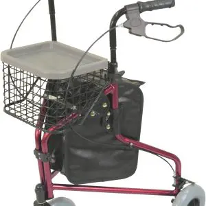 A red rollator with three wheels, a wire basket, a black pouch, and a removable tray on top.