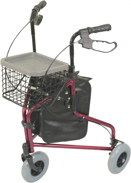 A red rollator with three wheels, a wire basket, a black pouch, and a removable tray on top.