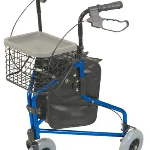 Blue three-wheeled walker with a wire basket, tray, black storage pouch, and hand brakes on ergonomic handles.