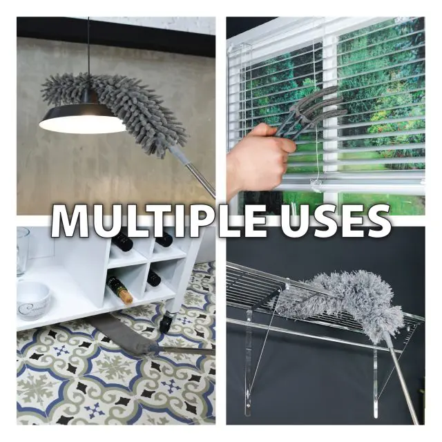 Collage featuring the 5 piece Professional Duster Kit With Extendable Telescopic Pole being used to clean a lamp, window blinds, under a cupboard, and a wire shelf. Text overlay reads “MULTIPLE USES.”.