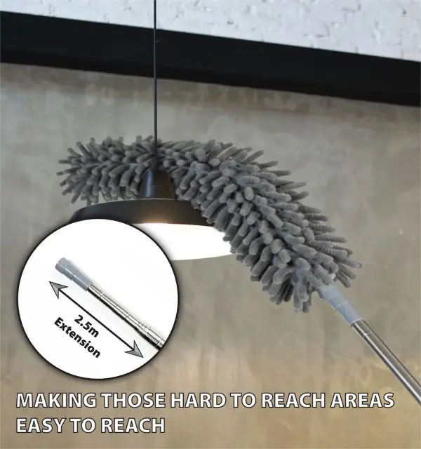 A 5 piece Professional Duster Kit With Extendable Telescopic Pole makes cleaning a hanging ceiling light easy; inset shows a telescopic pole extended to 2.5m. Text reads: "MAKING THOSE HARD TO REACH AREAS EASY TO REACH.