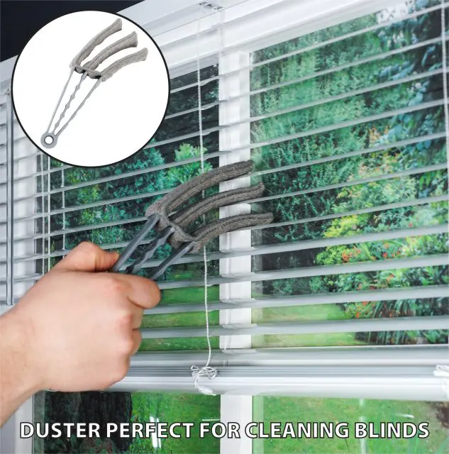 A person uses the 5 piece Professional Duster Kit With Extendable Telescopic Pole to clean horizontal window blinds, with text reading "DUSTER PERFECT FOR CLEANING BLINDS.