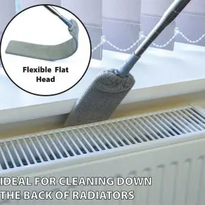 A cleaning scene shows the 5 Piece Professional Duster Kit With Extendable Telescopic Pole, featuring its flexible flat head being used behind a radiator; an inset highlights a close-up of the duster's head. Text reads: "IDEAL FOR CLEANING DOWN THE BACK OF RADIATORS.