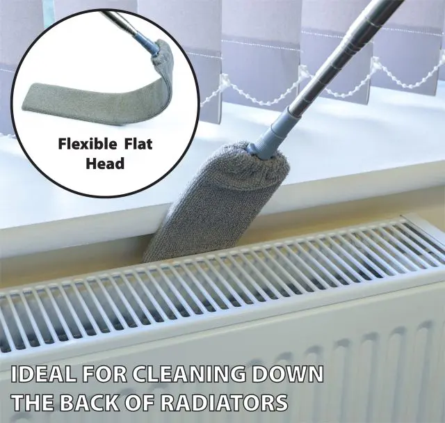 A cleaning scene shows the 5 Piece Professional Duster Kit With Extendable Telescopic Pole, featuring its flexible flat head being used behind a radiator; an inset highlights a close-up of the duster's head. Text reads: "IDEAL FOR CLEANING DOWN THE BACK OF RADIATORS.