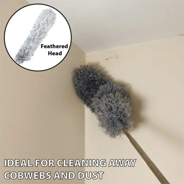 A grey duster from the 5 Piece Professional Duster Kit with Extendable Telescopic Pole clears cobwebs from a ceiling corner; inset highlights the duster head. Text reads: "Perfect for cleaning away cobwebs and dust.