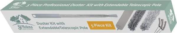 Box labelled “5 piece Professional Duster Kit With Extendable Telescopic Pole” displaying the extendable pole along with four duster attachments.