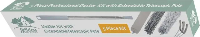 Box labelled “5 piece Professional Duster Kit With Extendable Telescopic Pole” displaying the extendable pole along with four duster attachments.
