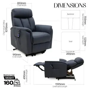 The Billingham Dual Motor Rise and Recline Chair in dark grey features dimensions of 850mm width, 1070mm height, and 910mm depth, with a seat height of 520mm, backrest height of 705mm, and a maximum user weight capacity of 160kg.
