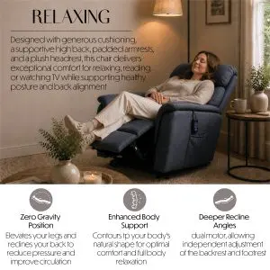 A woman sits comfortably in the Billingham Dual Motor Rise and Recline Chair in a cosy living room, smiling and relaxed, whilst text highlights the chair’s advanced comfort features and health benefits.