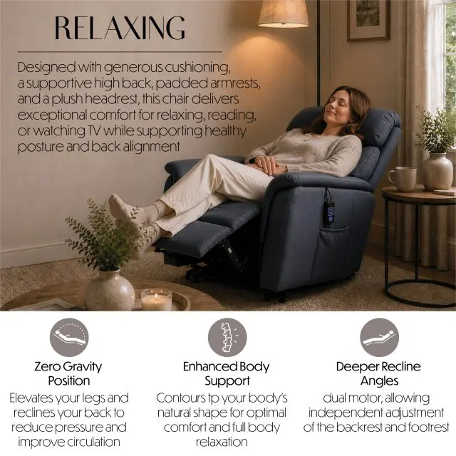 A woman sits comfortably in the Billingham Dual Motor Rise and Recline Chair in a cosy living room, smiling and relaxed, whilst text highlights the chair’s advanced comfort features and health benefits.