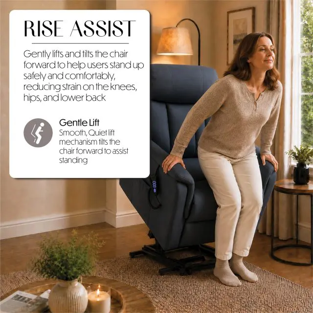 A woman sits comfortably in her living room in the Billingham Dual Motor Rise and Recline Chair, with text highlighting the chair’s gentle lift feature designed to assist standing and reduce strain on knees, hips, and lower back.