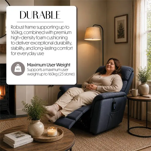 A woman reclines in the Billingham Dual Motor Rise and Recline Chair, featuring a robust frame and a 160kg weight capacity, in a cosy living room.