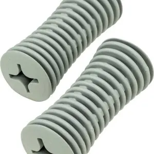 Two Universal Built-up Handles with a grey, ribbed plastic design and Phillips head screw slots, positioned parallel on a white background.